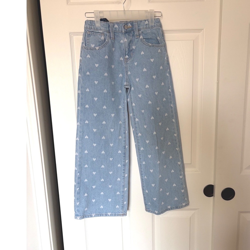 Old Navy Girls Heart Print High Rise Baggy Wide Leg Jeans Light Wash Size 10